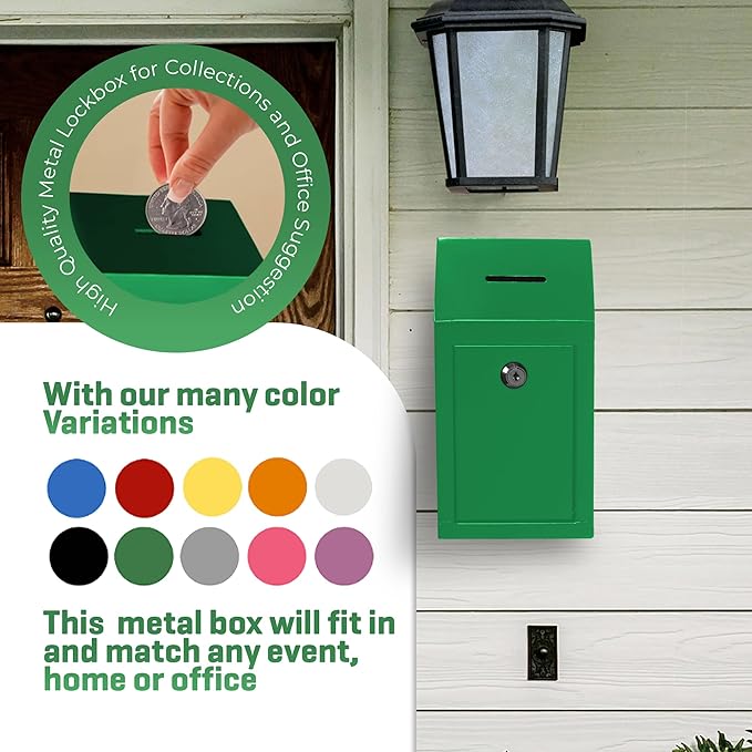 Metal Donation Box-Suggestion Box with Slot and lock-Cash Lock box for Money-Secure Drop Box-Comment and ballot voting box-comes with pre-drilled holes for easy wall mounting 10 X 6 X 2.5"(Green)
