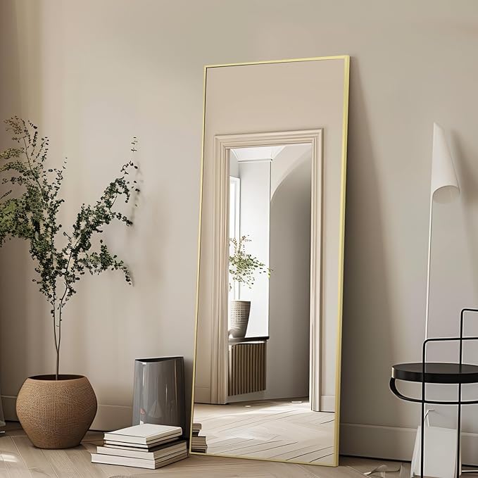 MELOMOIR Gold Mirror Full Length 56"x18" Floor Mirror, Free Standing Mirror Hanging or Leaning, Aluminum Alloy Frame Full Body Mirror for Bedroom Living Room Cloakroom Hallway, Wall Mirror Full Length