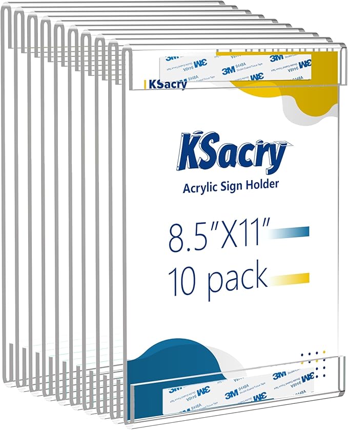 10 Pcs Acrylic Sign Holder 8.5 x 11, Vertical Wall Mount Sign Holders with 3M Adhesive, Clear Plastic Frames Paper Display Sign Holders for Office, Home, Store, Restaurant - No Drilling