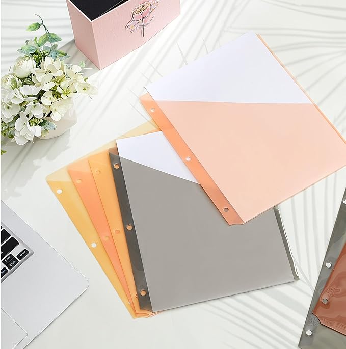 Maitys 50 Pack Binder Pockets 3 Hole Punch Clear Plastic Document Folders Binder Organizer Store Letter Size 8.5x11 Inch Paper Folders with Pockets Slash File Jacket for Office (Vintage Color)