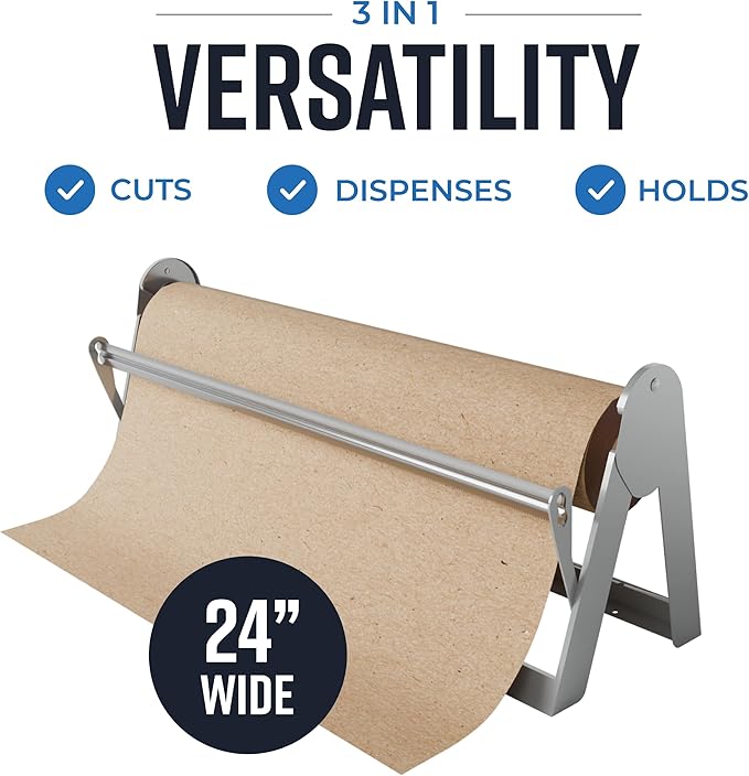 Bryco Goods 24 Inch Paper Roll Dispenser and Cutter, Wall Mountable & Non-Slip Tabletop, Heavy-Duty Steel Frame – Kraft, Butcher, Freezer, Wrapping Paper Holder – for Home, Office, Craft Projects