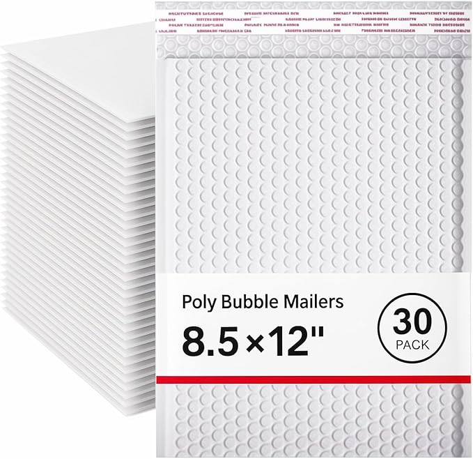 30 Pack 8.5x12" Poly Bubble Mailers, White Self Seal Padded Envelopes, Waterproof Lightweight Mailing Shipping Bags Bulk for Thick Books, Clothes, Holiday Gifts, Business Packaging ﻿