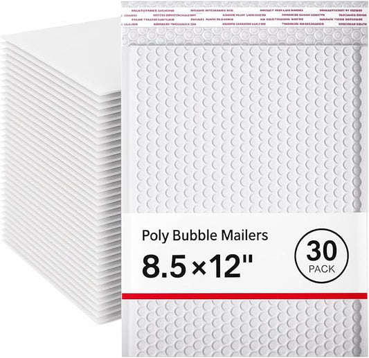 30 Pack 8.5x12" Poly Bubble Mailers, White Self Seal Padded Envelopes, Waterproof Lightweight Mailing Shipping Bags Bulk for Thick Books, Clothes, Holiday Gifts, Business Packaging ﻿