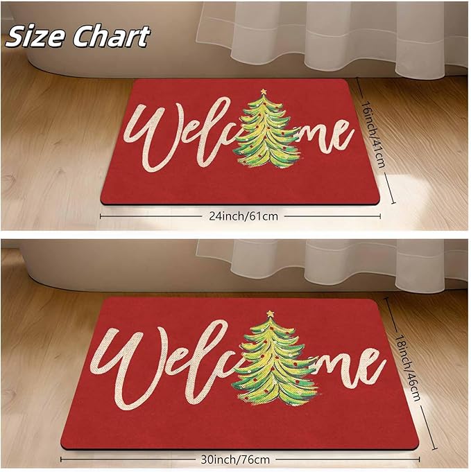 Christmas Welcome Tree Door Mat Merry Christmas Doormat Indoor Outdoor Entrance Floor Rug Non Slip Winter Decor Rubber Welcome Mats, 18" x 30"Inch