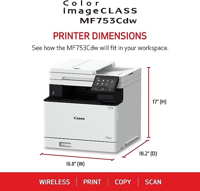 Canon imageCLASS MF753Cdw - Wireless Duplex Color Laser Printer, All-In-One with Scanner, Copier, Fax, Auto Document Feeder, Mobile Ready, 3 Year Limited Warranty, 35 PPM, White