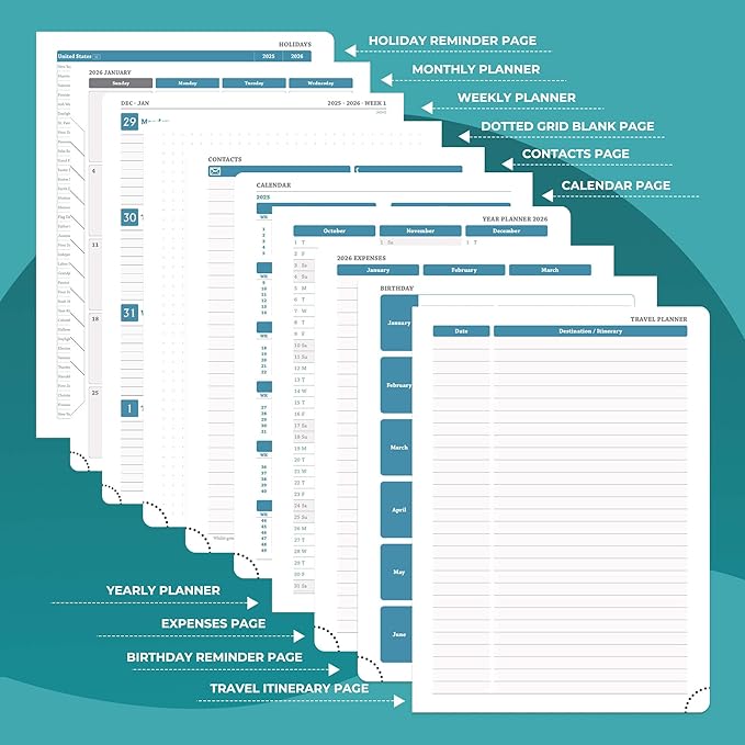 IN-LUXPRO Planner 2026 Daily Weekly and Monthly,11.5"x8.5",12 Months Spiral Bound Calendar Agenda with Self-adhesive Pen Holder,2026 Appointment Book with Vegan Leather Soft Cover,Light Blue