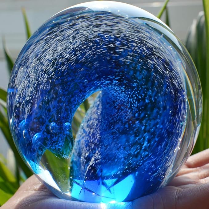 EUSTUMA Hand Blown Glass Figurines Ball Ocean Waves,Paperweight Glass Ball,Home Decor Collectible,Aquarium Decor,Office Decor Ocean Lovers