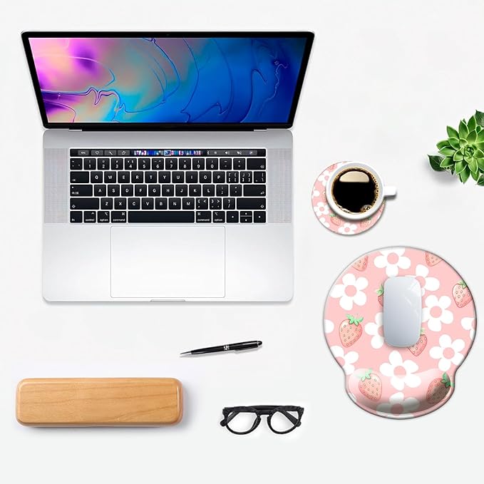 Ergo Comfort Gel Wrist Rest Mouse Pad-Ergonomic Office Mousepad with Wrist Support-Non-Slip, Design Desk Accessories Mat for Home&Game Decor Pink Floral Kawaii