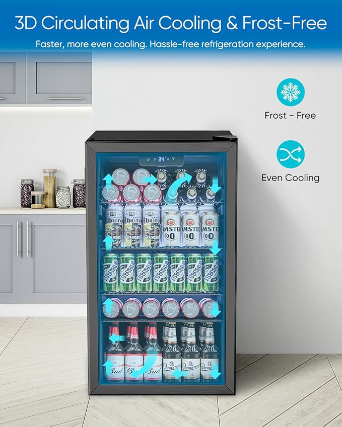 3.2 Cu.Ft Mini Fridge with Glass Door - 126 Can Beverage Refrigerator Cooler for Drink Beer Wine Soda, Small Fridge for Bedroom Office Bar Dorm, 4 Adjustable Shelves, Black