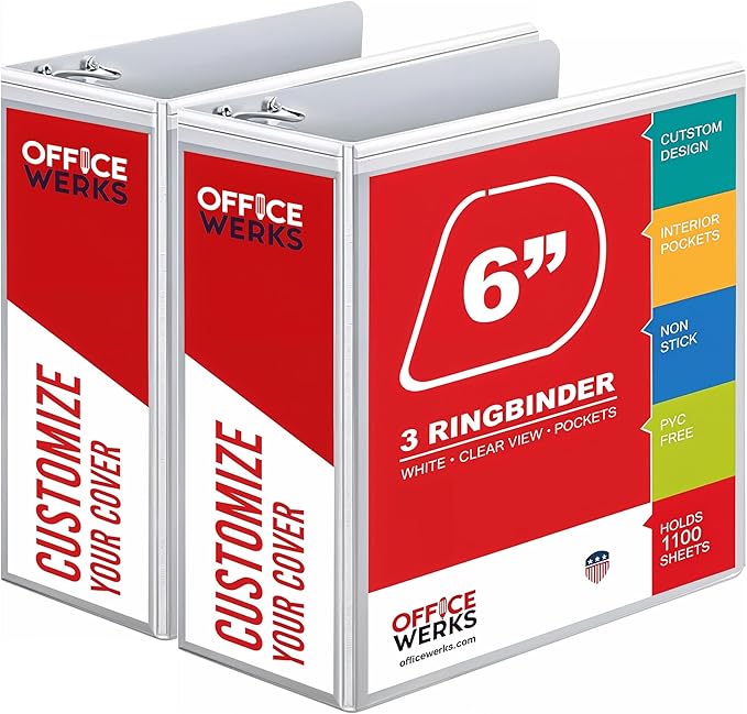 2 Pack of 6 Inch 3 Ring Binder with Locking Angle D Rings, Professional Heavy Duty Large Storage Binder with Pockets, Fits 8.5 x 11 Inch Sheets, Non-Stick Clear View Cover, Customizable, White