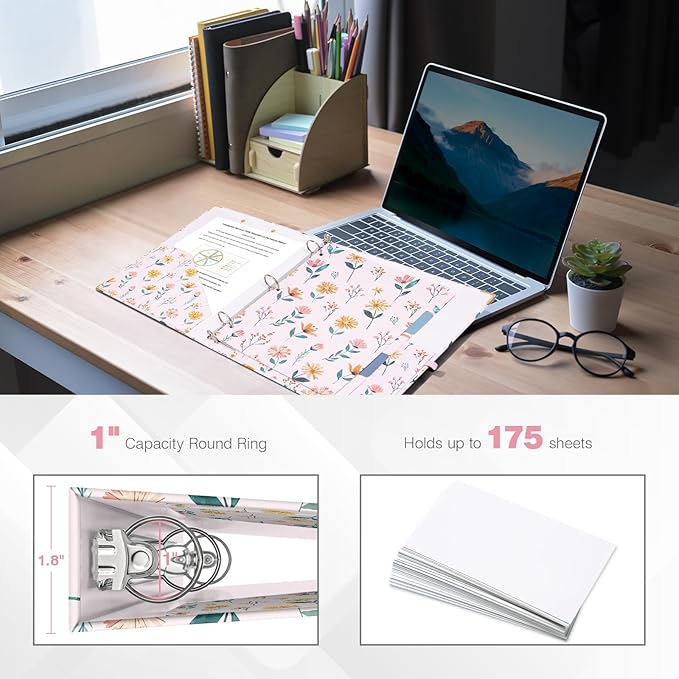 Ospelelf 3 Ring Binder 1 Inch Round Rings, Clipboard Binders for Letter Size Paper with 5 Tab Dividers, for School and Office Supplies, Pink Floral