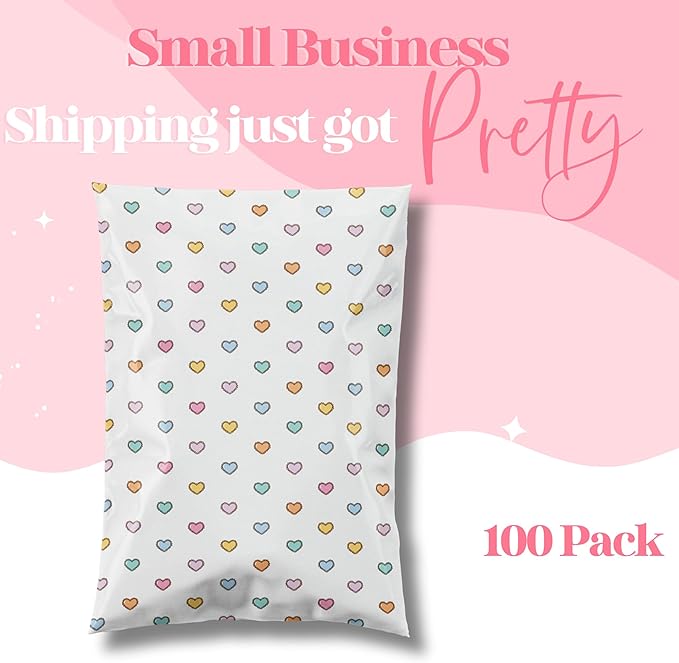 14.5x19 Designer Poly Mailer 100 Pack Heavy Duty Waterproof Self Seal Shipping Bags for Small Business Large Mailing Envelopes Bulk Tear Resistant Packaging Preppy Hearts