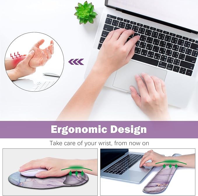 ARTSO Large Mouse Pad Ergonomic Keyboard Wrist Rest Support Set, Memory Foam Gel Wrist Pad, Extended Desk Mat Protector, Non-Slip Desk Blotter, Purple Blue Marble