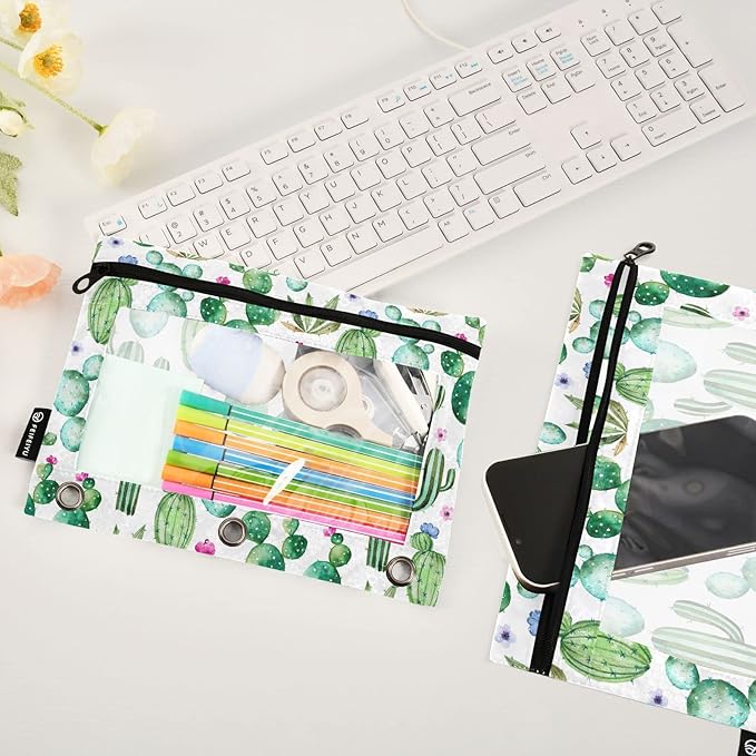 ALAZA Pencil Pouch for 3 Ring Binder, Watercolor Cactus Cacti Binder Pencil Pouches with Clear Window Zipper Pencil Case Cosmetic Bags for Office College Supplies, 2PCS