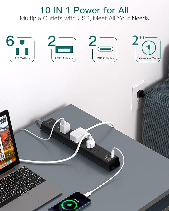 Short Extension Cord 2ft - Addtam Surge Protector Power Strip with 6 AC Outlets 4 USB (2 USB-C Ports), Flat Plug, 900J, Wall Mount, Outlet Extender for Home Office Dorm Room Essentials