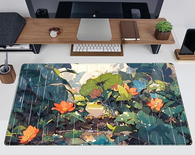 Anime Frog Mouse Pad Desk Mat Cure Frogs On Rainy Days Green Desk Decor Mat, Large Gaming Mouse Pad for Desk Computer Keyboard Laptop, Desk Decor Home Office Accessories for Girl with Stitched Eges