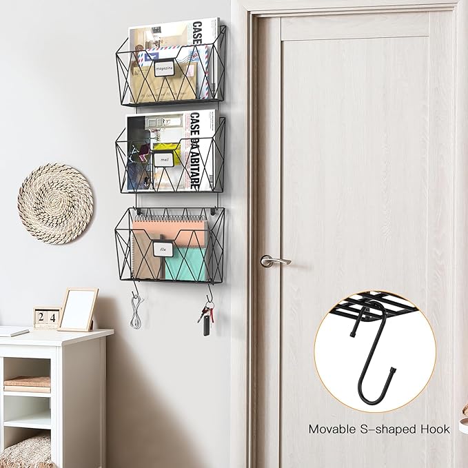 YBING Wall File Organizer Mesh Hanging Wall-mount Files Holder 6 Pack Hanging Wire Magazine Rack and Mail Holder with Hooks Office Wall Organizer for Papers Folders Files Clipboard Black