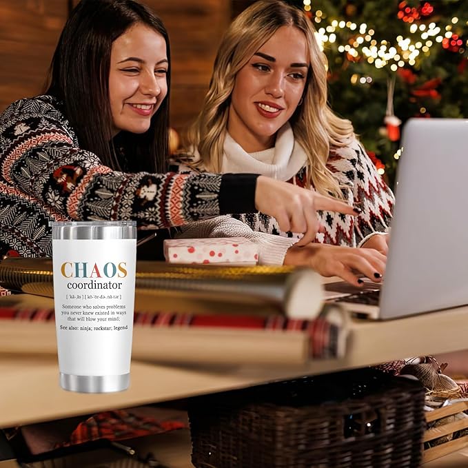 TEEZWONDER Christmas Thank You Gifts for Women - Chaos Coordinator 20 oz Stainless Steel Insulated Tumbler with Lid - Employee Appreciation Birthday Gifts for Women Coworkers Boss Teacher Nurse Friend