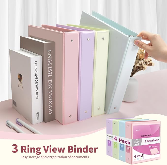 SUNEE 1.5 Inch Binders 3 Ring 4 Pack, Clear View 1 1/2 Inch Binders Three Ring PVC-Free (Fit 8.5x11 Inches) for School or Office Supplies, Assorted Pastel