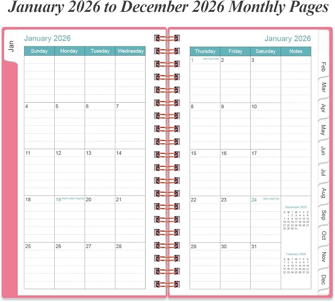 2026 Pocket Planner/Calendar - 2026 Planner from January 2026 - December 2026, Planner 2026 with 12 Tabs, Twin-Wire Binding, Inner Pocket, 3.75" x 6.75, Pink