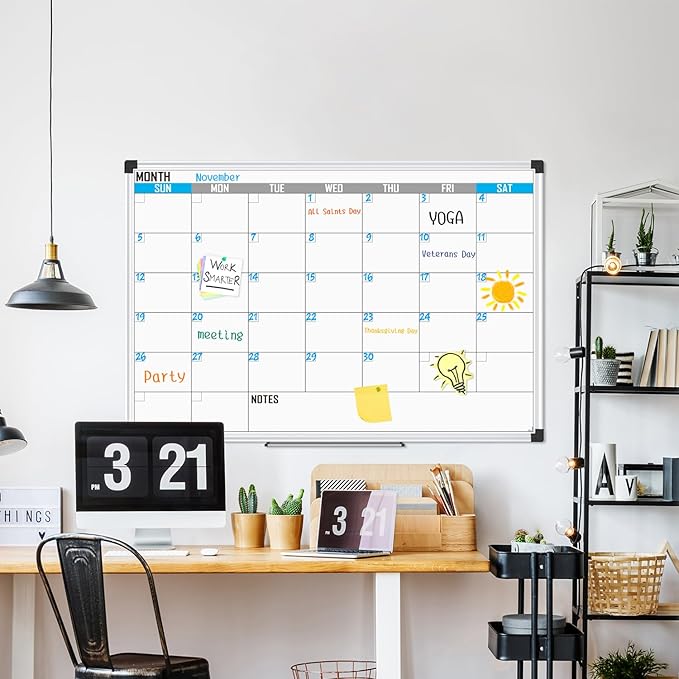 XBoard Magnetic Calendar Whiteboard 48" x 36" - Monthly Calendar Dry Erase Board, White Board + Colorful Calendar Board, Silver Aluminium Framed Monthly Planning Board