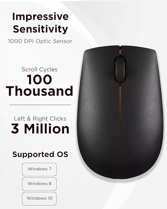 Lenovo 300 Wireless Mouse – Computer Mouse for PC, Laptop with Windows – Ambidextrous Design – 2.4 GHz Nano USB Receiver – 12 Month Battery Life