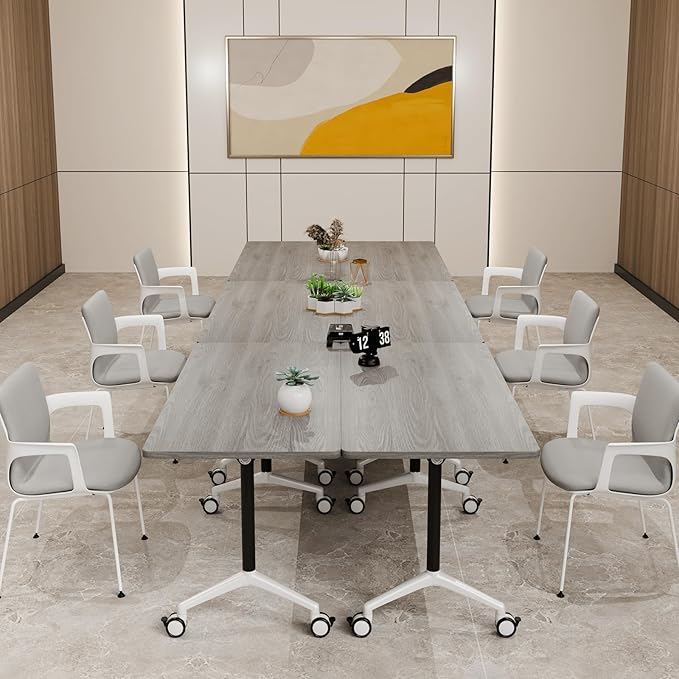 Folding Conference Table, Modern Large Conference Room Tables with Flip-Top Design, Foldable Conference Table Meeting Table with Wheels, Mobile Seminar Training Tables for Office Classroom (8, Oak)