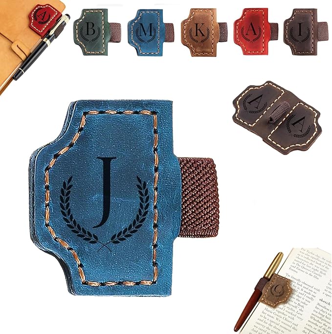 Bookmark with Pen Holder, 2026 New Bygonemark Personalized Magnetic Leather Bookmark, Strong Magnetic for Any Book, Handmade Page Mark Colorful for Booklovers (Blue, J)