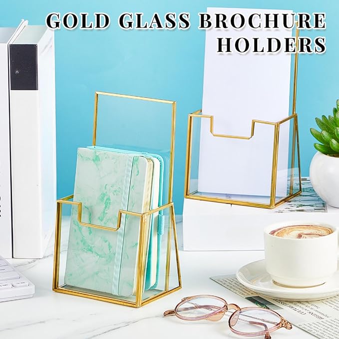 2 Pcs Gold Glass Brochure Holder Stand 4 Inch Countertop Clear Literature Trifold Pamphlet Holder Flyer Brochure Display Stand for Magazine, Booklets, Menu, Journals