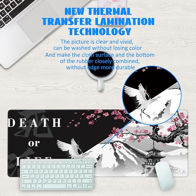 Desk Mat, Black and White Cherry Blossom Extended Gaming Mouse Pad Large, 31.5"x11.8" Big Mouse Pad with Non-Slip Base and Stitched Edge, Long Computer Keyboard Mouse Mat for Home Office Work