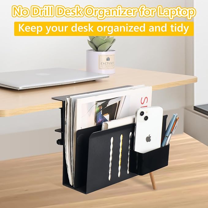 2 TIER Desk Side Storage Upgraded Under Desk Organizer, No Drill Hanging Laptop Holder Under Desk, Clamp-On Table Side Tray Steel Desktop Organization for Office and Home (Black)