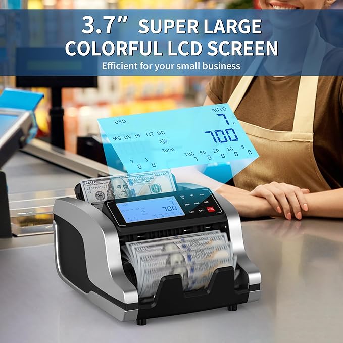 PONNOR Money Counter Machine with Value Count, UV/MG/IR/MT/DD Counterfeit Bill Detection, Dollar Euro Cash Counter with Count/Add/Batch/Auto Modes, External LCD Display