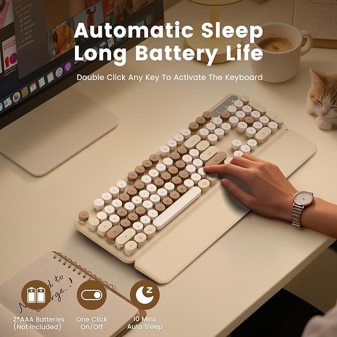 SABLUTE Wireless Keyboard, Round Keycaps, Retro Typewriter Keyboard with Detachable Wrist Rest, Sleep Mode, Foldable Legs, 2.4GHz Full-Size Cordless Computer Keyboard for Windows/PC/Laptop (Latte)