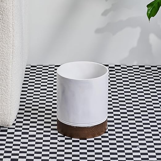 Polytree White Marble and Brown Wood Round Wastebasket, Resin Small Round Bathroom Trash Can 2.5 Gal(9 Liter) Small Kitchen Garbage Can,Living Room Bedroom Trash Can, Decor Wastebasket for Home Office