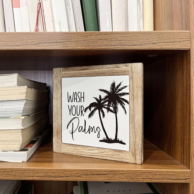 Wooden Box Sign for Bathroom Decor - Farmhouse Tabletop Washroom Decor, Tropical and Coastal Style - B6-68 Wash Your Palms Sign