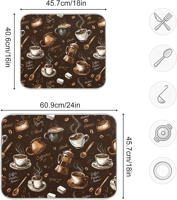Coffee Beans Dish Drying Mat for Kitchen Counter 18 x 24 Inch Absorbent Microfiber Dry Dishes Mats Drainer Mat Dish Drying Pad for Countertops