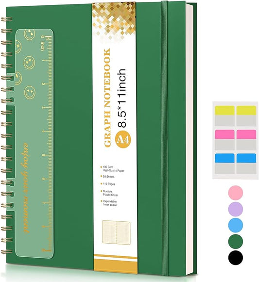 Graph Paper Notebook, Spiral Notebook Journal 8.5” x 11”, A4 Large Grid Notebooks for Women Men, 100 GSM Graph Paper, Plastic Hardcover Spiral Graphing Journals for Work School Engineerin, Green