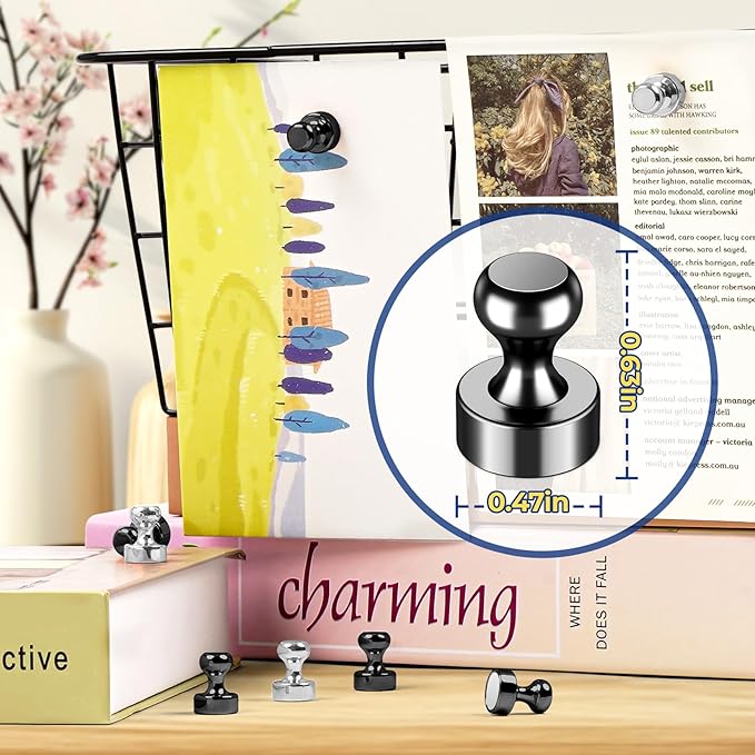 VNDUEEY 12 Pcs Fridge Magnets Refrigerator Magnets, Black-Silver Whiteboard Magnets, Magnetic Push Pins, Strong Metal Magnets for Locker, Office, School, Home