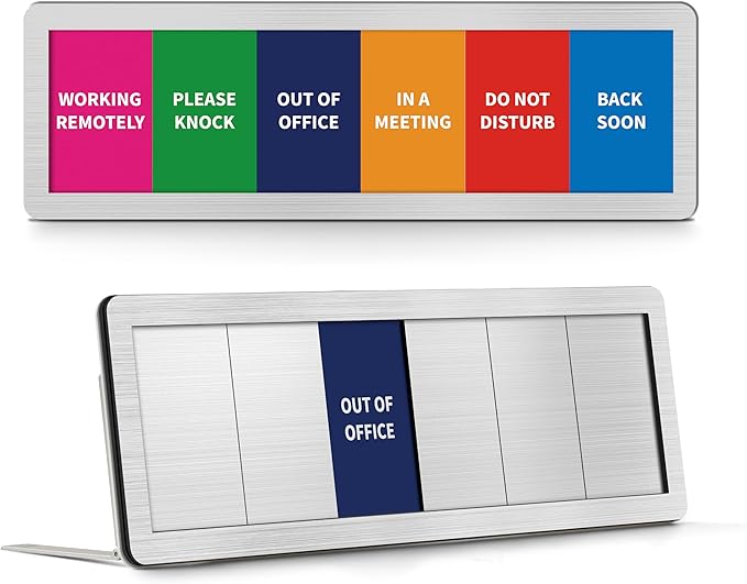Office Door Sign With Adjustable Stand, 6 Options Privacy Slider Do Not Disturb, Please Knock, In A Meeting, Out Of Office, Working Remotely, Back Soon, Brushed Silver 10x3.15 Inch With 3 Stickers
