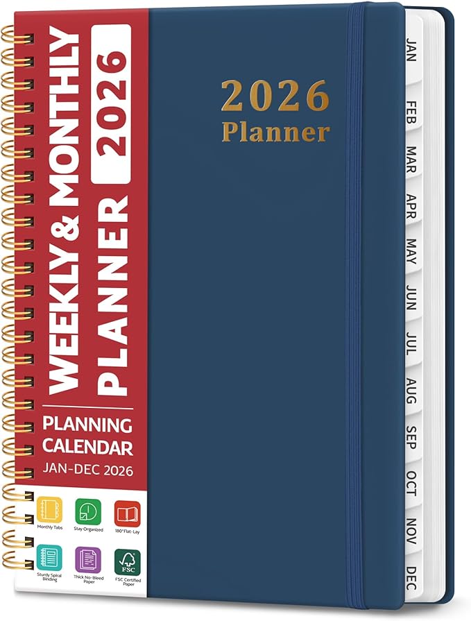 2026 Planner, Weekly and Monthly Calendar Planner, January 2026 - December 2026, Hardcover 2026 Calendar Planner Book with Tabs For Women & Men, Inner Pocket, Spiral Bound, Perfect for Office Home School Supplies - A5 (6.3" x 8.5"), Navy