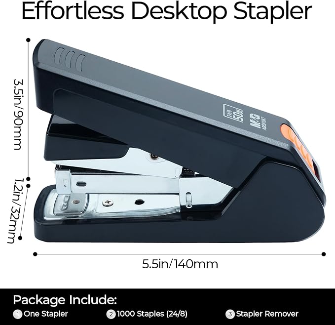M&G Effortless Stapler 50 Sheet Capacity One-Touch Stapling, Heavy Duty Desktop Stapler Includes 1000 Staples and Remover, Portable Handheld Staplers for Home & Office (Black)