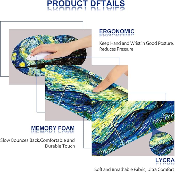 ARTSO Ergonomic Mouse Pad with Wrist Rest, Comfortable Keyboard Wrist Rest, Memory Foam Mousepad for Computer Keyboard, Mouse Pad Set for Easy Typing, Pain Relief, Starry Sky Oil Painting