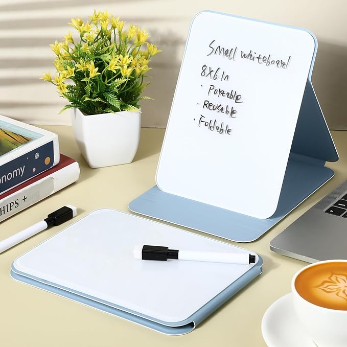 2 Pcs Small Glass Desktop Whiteboard with Reversable Stand 8 x 6 Inch Mini Dry Erase White Board Easel with 2 Markers Reusable Desk Notepad for Home Office School Supplies(Blue)