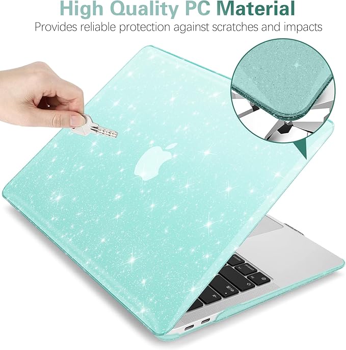 KEROM Green Glitter Case for MacBook Air 13 inch 2022-2018 M1 A2337 A2179 A1932, Glitter MacBook Air M1 Case - Shiny Bling Sparkle Plastic Hard Shell & Keyboard Cover for MacBook Air 13.3 inch