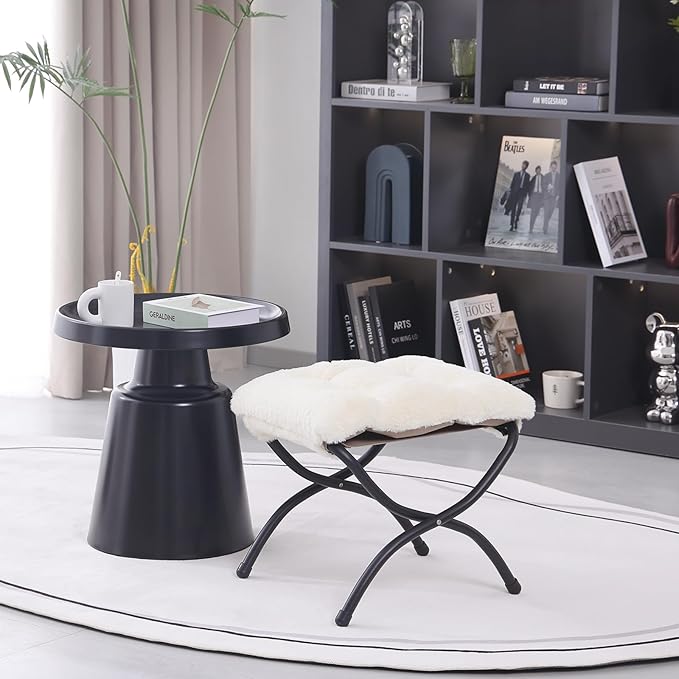 LITA Folding Upholstered Footrest Stool, Modern Small Portable Accent Ottoman with Detachable Thick Cotton Cushion Padded Sofa Stool with Metal Frame for Lazy Chair, Living Room & Bedroom, Plush Beige