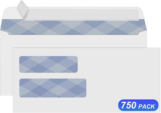 750#10 Security Envelopes, PANDRI NO.10 Self-Seal Double Window Envelopes Designed for QuickBooks Invoices, Business Statements & Documents - Number 10 Size 4 1/8 Inch X 9 1/2 Inch - 24 LB