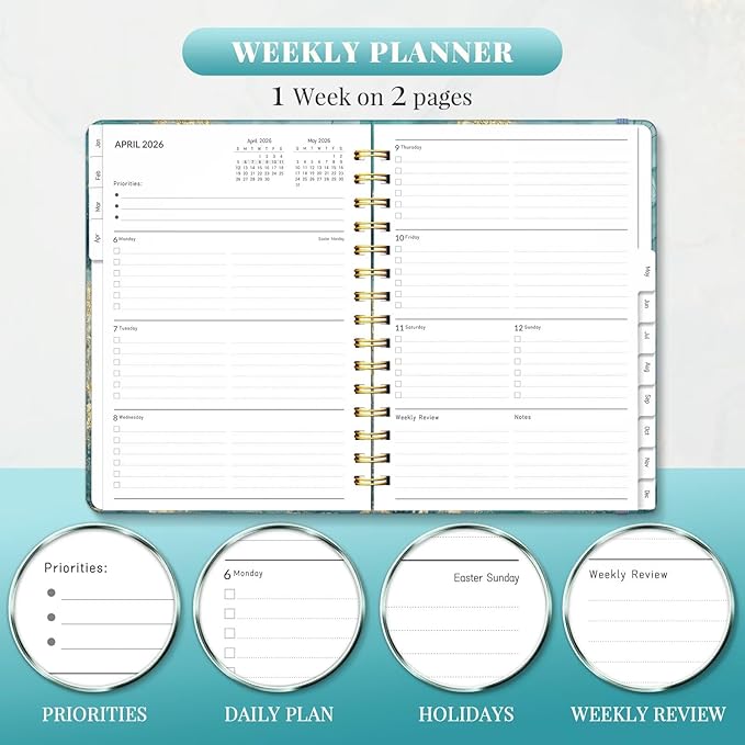 2026 Planner, A5 Weekly and Monthly Planners with Tabs, Spiral Bound Daily Calendar 2026 Planner, Agenda Organizers from Jan. to Dec., Hardcover Habit Tracker Journal 6.18" x 8.5"(Grey Marble)