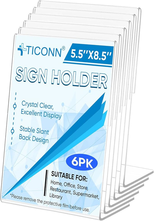 TICONN 5.5 x 8.5 Acrylic Sign Holder, L Shape Clear Sign Stand for Displaying, Plastic Paper Holder for Office, Store, Restaurant (Vertical 6 Pack)