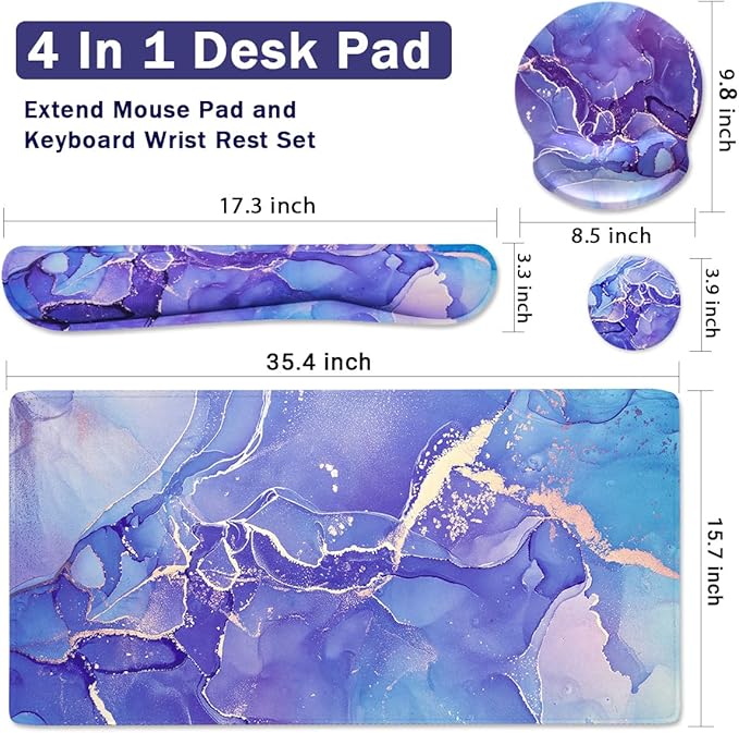 4-in-1 Gaming Mouse Pad Wrist Support Set，Desk Pad + Mouse Pad with Wrist Rest + Keyboard Wrist Rest + Coaster, Ergonomic Design for Home Office Study Game - Purple Marble