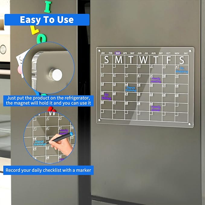 AITEE Acrylic Magnetic Dry Erase Board Calendar for Fridge, 16"x12" Inches Clear Dry Erase Calendar for Refrigerator Includes 6 Markers with 3 Colors